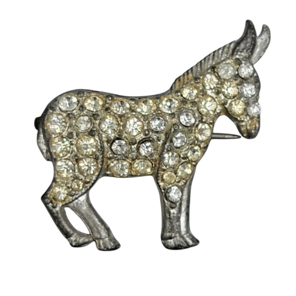 Pave Rhinestone Donkey Pot Metal Brooch Antique Silver Tone Pin